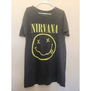 Nirvana Smiley Face Graphic T-Shirt Dress Charcoal Grey XL Short Sleeve Cotton